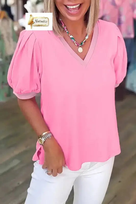 Mint Green Solid Color V Neck Short Puff Sleeve Blouse Nataliz