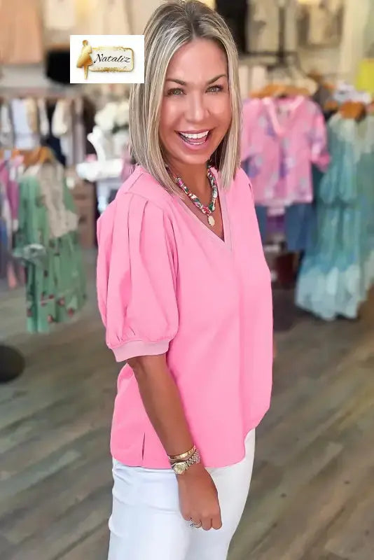 Mint Green Solid Color V Neck Short Puff Sleeve Blouse Nataliz