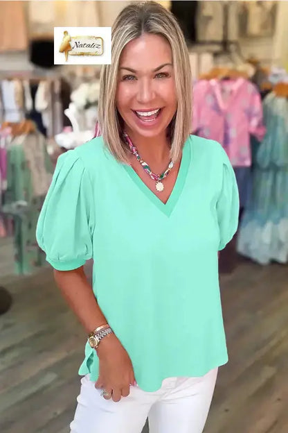 Mint Green Solid Color V Neck Short Puff Sleeve Blouse Nataliz