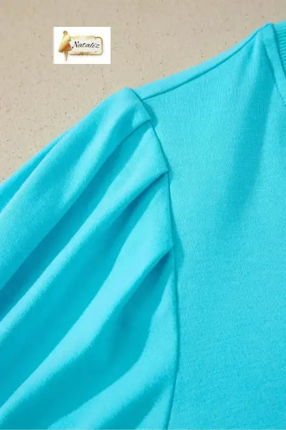 Mint Green Solid Color V Neck Short Puff Sleeve Blouse Nataliz