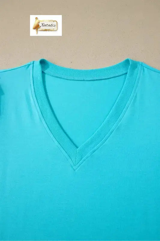 Mint Green Solid Color V Neck Short Puff Sleeve Blouse Nataliz
