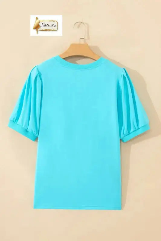 Mint Green Solid Color V Neck Short Puff Sleeve Blouse Nataliz