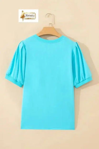 Mint Green Solid Color V Neck Short Puff Sleeve Blouse Nataliz