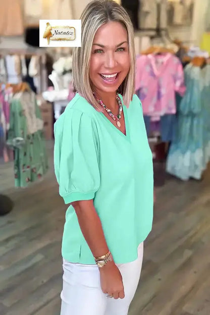 Mint Green Solid Color V Neck Short Puff Sleeve Blouse Nataliz
