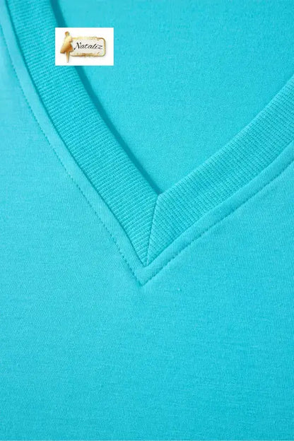 Mint Green Solid Color V Neck Short Puff Sleeve Blouse Nataliz
