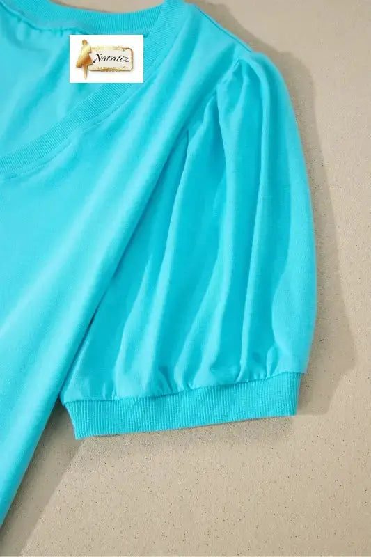 Mint Green Solid Color V Neck Short Puff Sleeve Blouse Nataliz