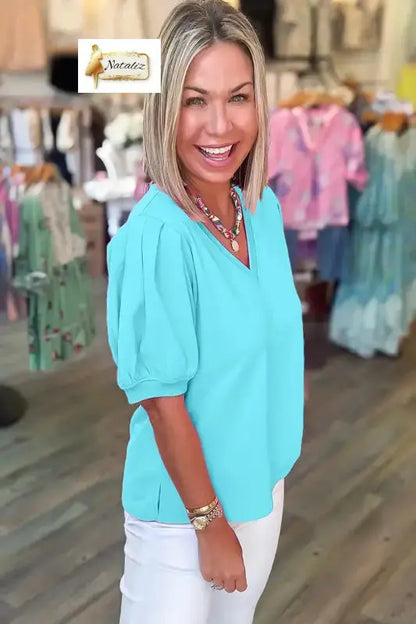 Mint Green Solid Color V Neck Short Puff Sleeve Blouse Nataliz