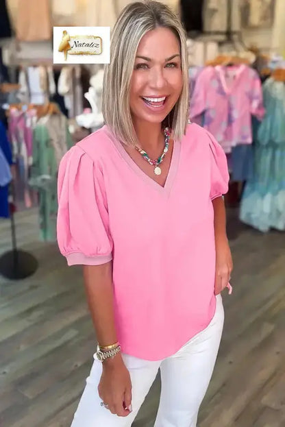 Mint Green Solid Color V Neck Short Puff Sleeve Blouse Nataliz