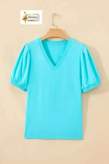 Mint Green Solid Color V Neck Short Puff Sleeve Blouse Nataliz