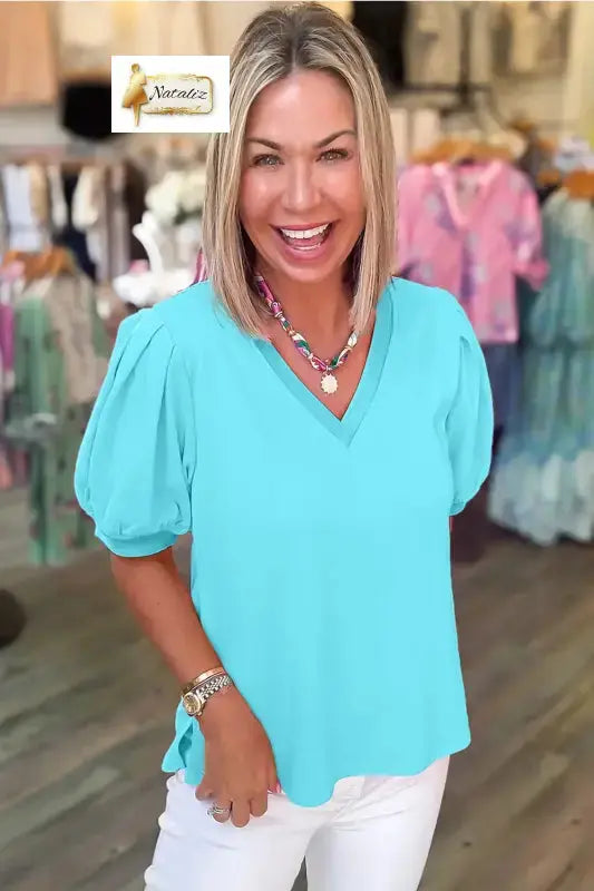Mint Green Solid Color V Neck Short Puff Sleeve Blouse Nataliz