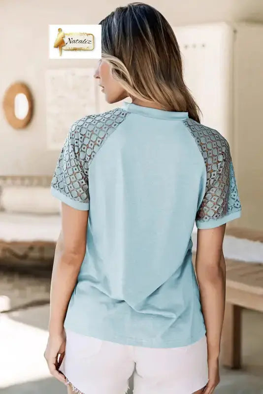 Mist Blue Seamed Detail Contrast Lace Raglan Sleeve Tee Nataliz