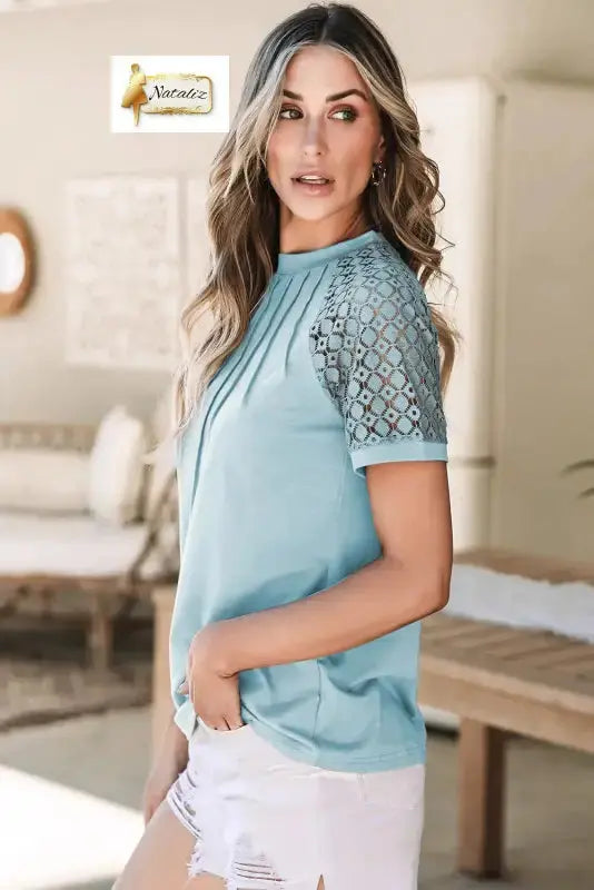 Mist Blue Seamed Detail Contrast Lace Raglan Sleeve Tee Nataliz