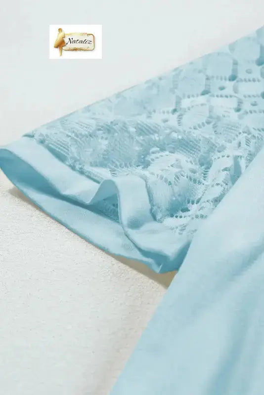 Mist Blue Seamed Detail Contrast Lace Raglan Sleeve Tee Nataliz