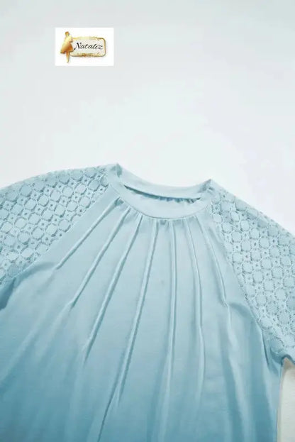 Mist Blue Seamed Detail Contrast Lace Raglan Sleeve Tee Nataliz