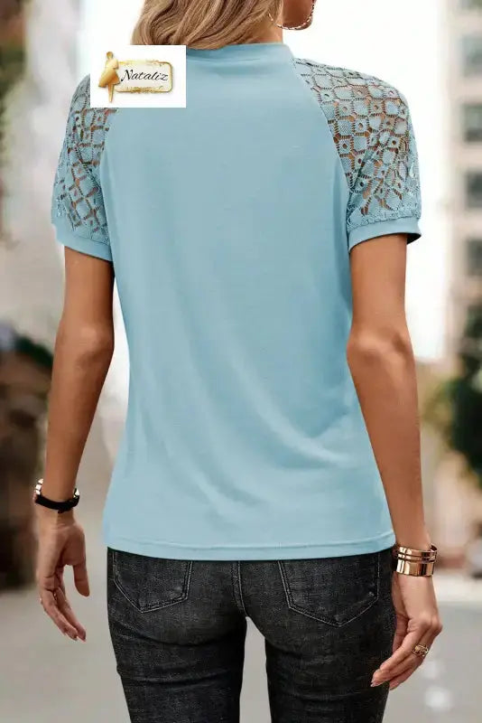 Mist Blue Seamed Detail Contrast Lace Raglan Sleeve Tee Dear-Lover Dropshipping