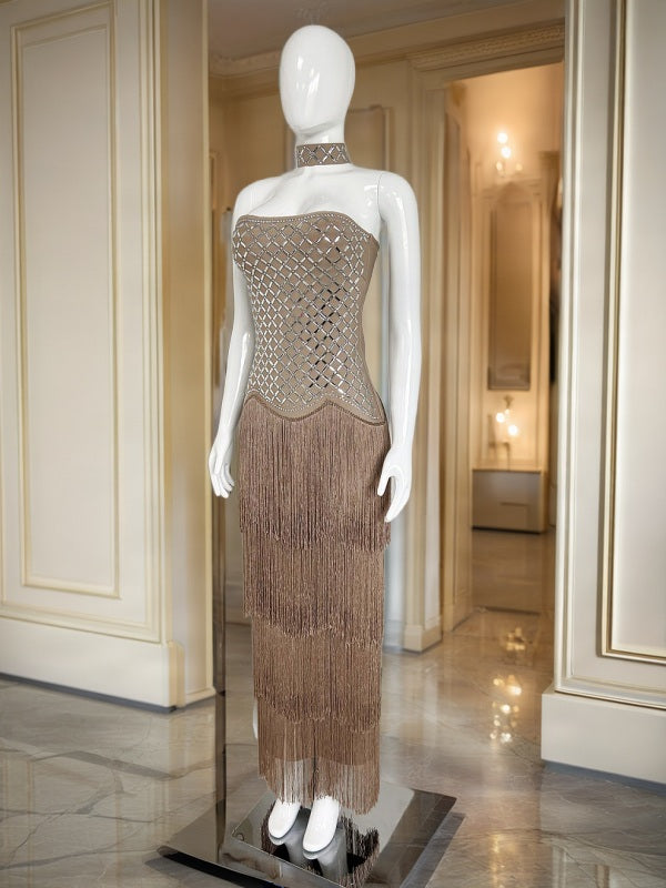 Embellished Strapless Tiered Fringe Maxi Dress mannequin view · nz-bg-v1