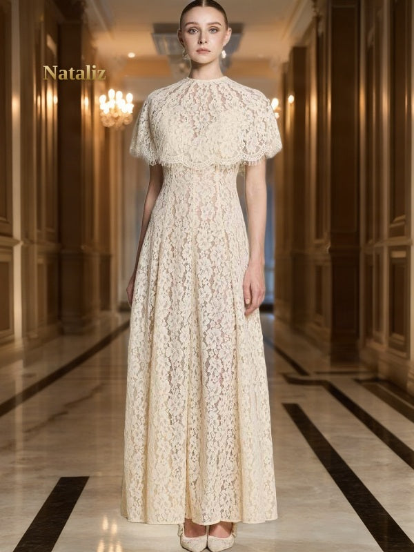 Floral Lace Cape-Sleeve Maxi Dress in Ivory model front view