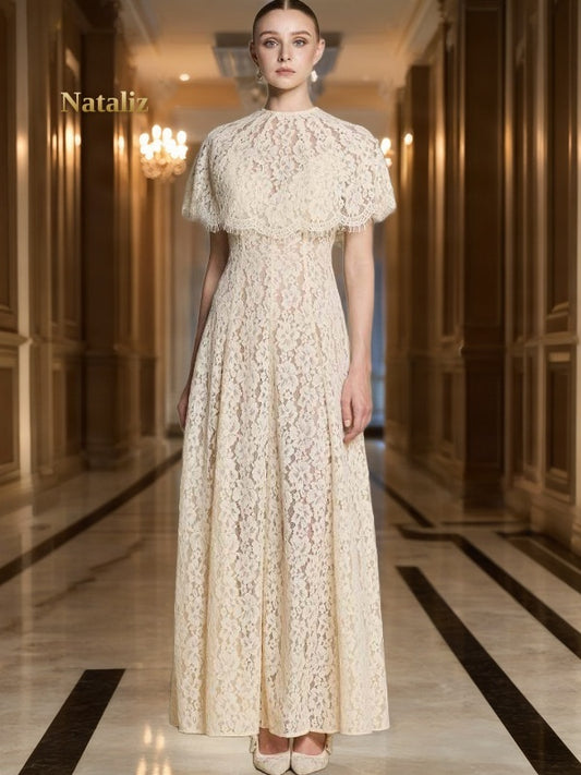 Floral Cape-Sleeve Maxi Dress in Ivory model front view
