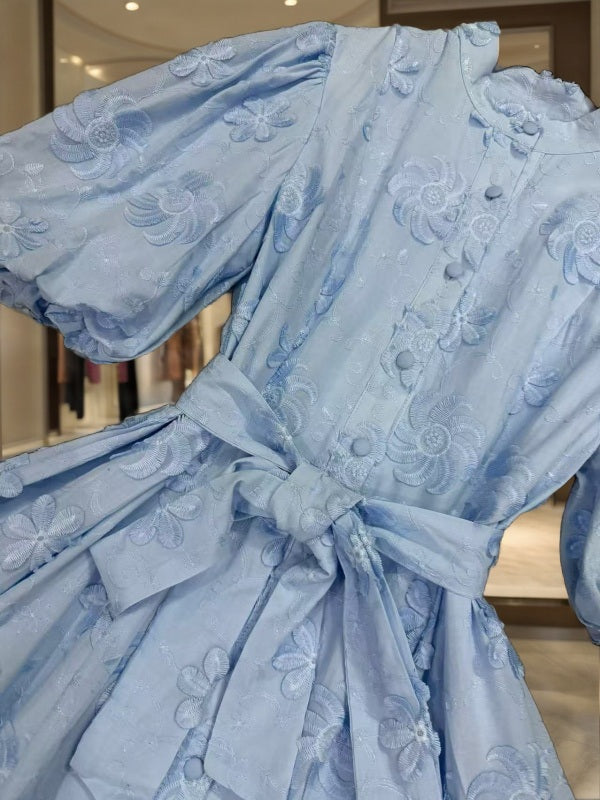 Floral Appliqué Puff Sleeve Mini Dress hanging view · nz-bg-v1