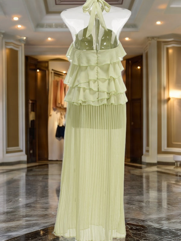 Tiered Ruffle Halter Neck Pleated Maxi Dress mannequin view · nz-bg-v1