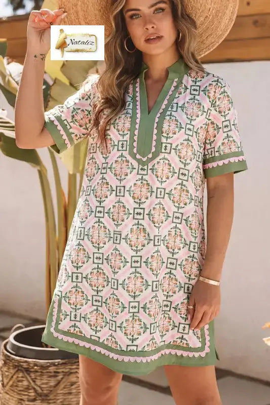 Multicolour Boho Geometric Flower Print Short Sleeve Loose Mini Dress Dear-Lover Dropshipping