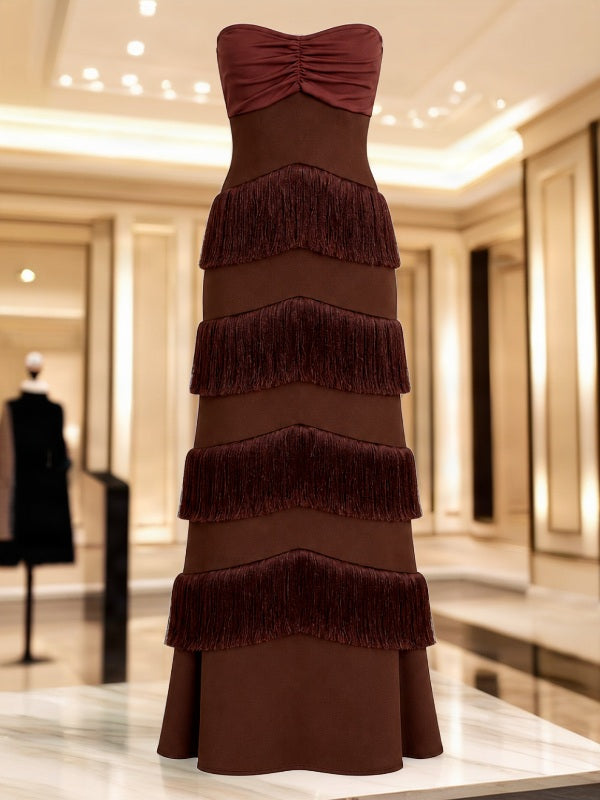 Strapless Fringe Tiered Midi Dress in Chocolate flat lay view · nz-bg-v1