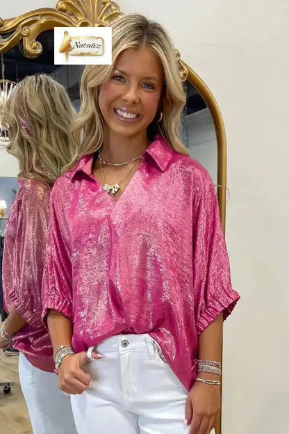 Myosotis Collared V Neck Half Sleeve Metallic Top Nataliz