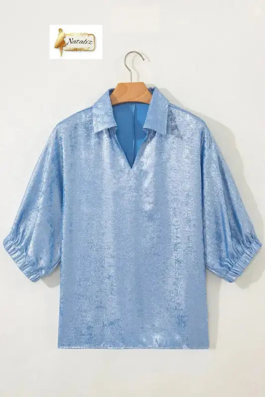 Myosotis Collared V Neck Half Sleeve Metallic Top Nataliz