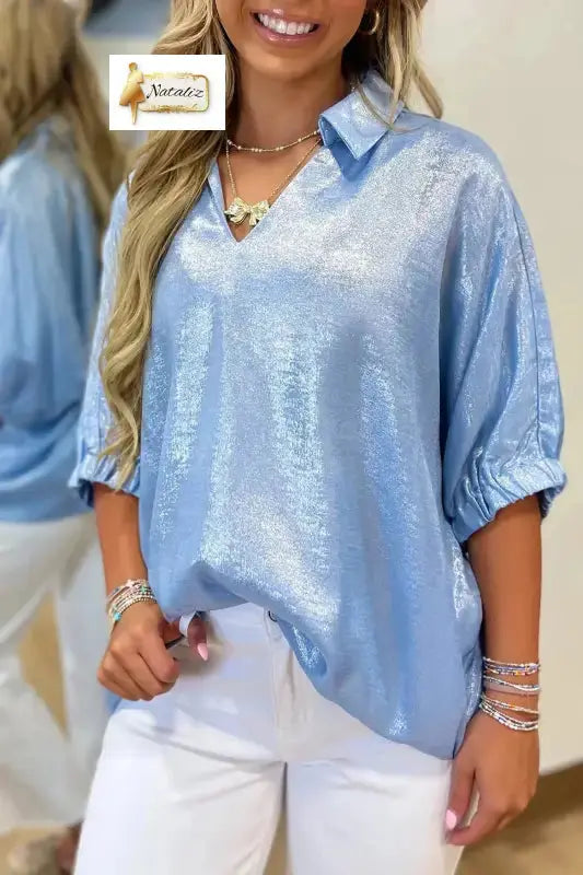 Myosotis Collared V Neck Half Sleeve Metallic Top Nataliz