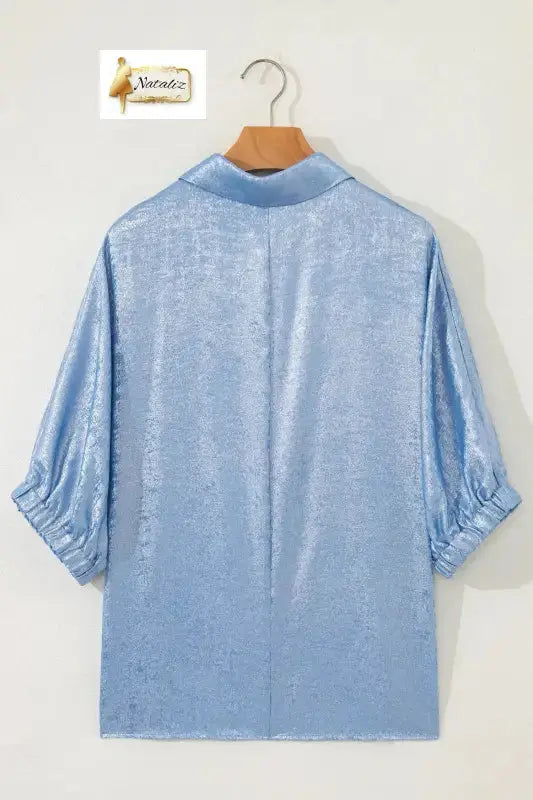 Myosotis Collared V Neck Half Sleeve Metallic Top Nataliz