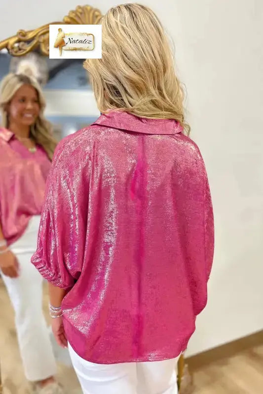 Myosotis Collared V Neck Half Sleeve Metallic Top Nataliz