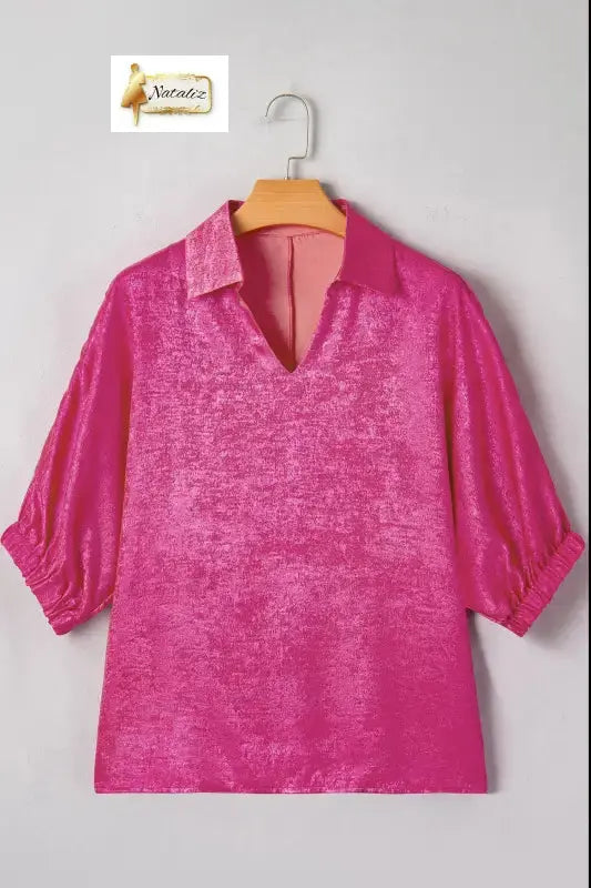 Myosotis Collared V Neck Half Sleeve Metallic Top Nataliz