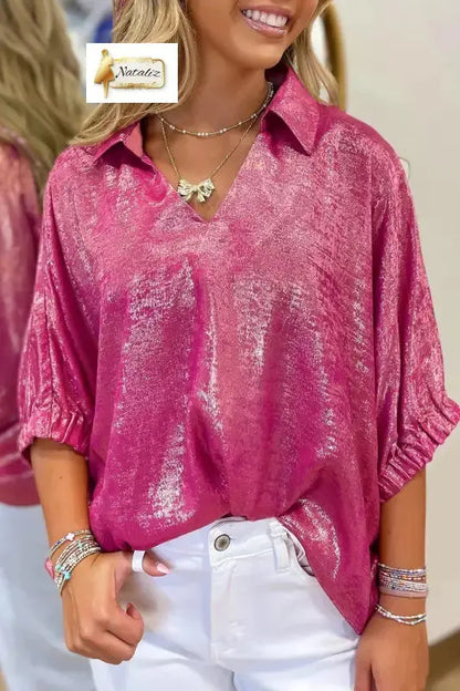 Myosotis Collared V Neck Half Sleeve Metallic Top Nataliz