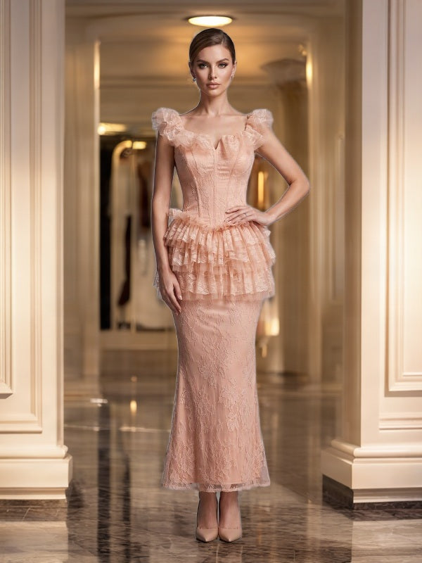 Blush Lace Corset Maxi Dress with Ruffle Peplum model front view · nz-bg-v1