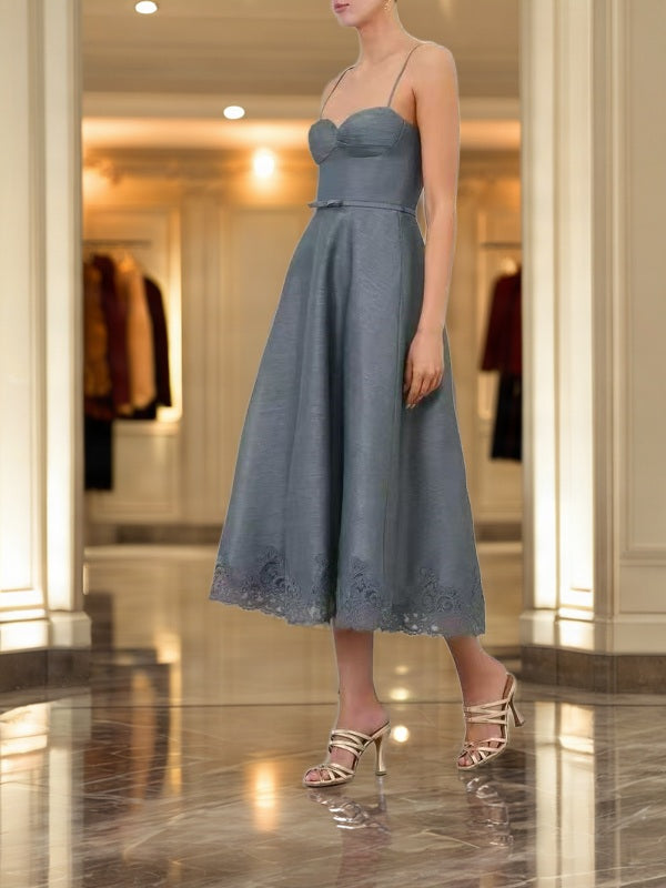 Lace-Trim Sweetheart Midi Dress in Dusty Blue side view · nz-bg-v1
