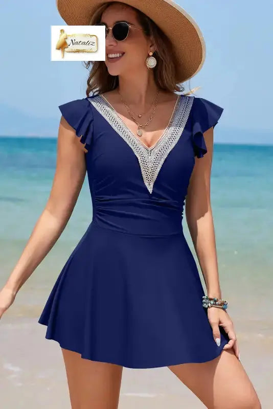 Navy Blue Ruffled Short Sleeve Lace Trim V Neck One Piece Swim Dress Dear-Lover Dropshipping