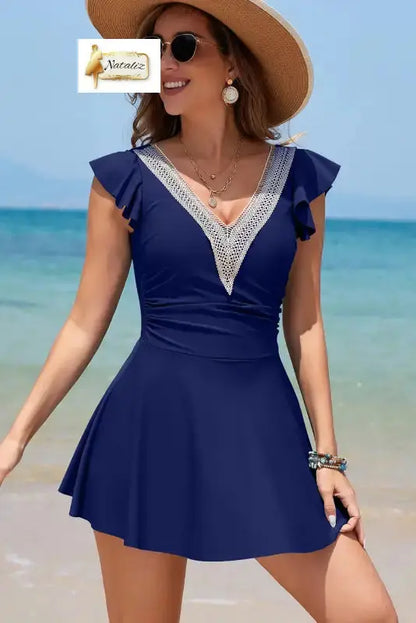 Navy Blue Ruffled Short Sleeve Lace Trim V Neck One Piece Swim Dress Dear-Lover Dropshipping