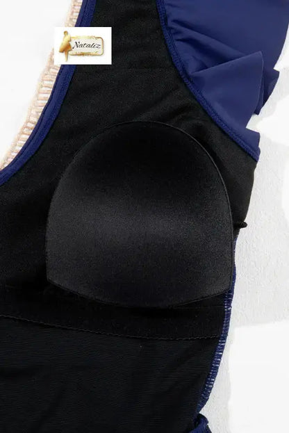 Navy Blue Ruffled Short Sleeve Lace Trim V Neck One Piece Swim Dress Nataliz