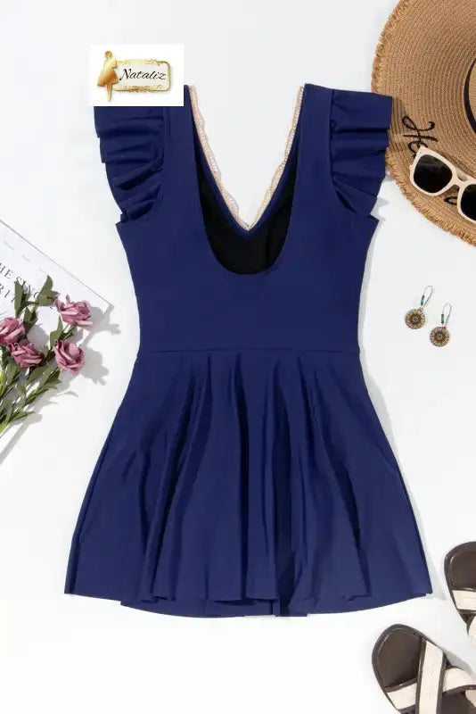 Navy Blue Ruffled Short Sleeve Lace Trim V Neck One Piece Swim Dress Nataliz