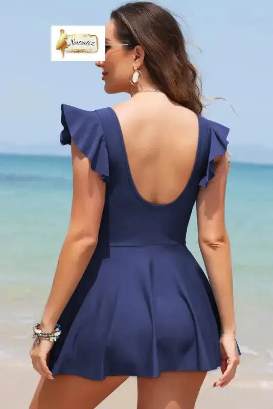 Navy Blue Ruffled Short Sleeve Lace Trim V Neck One Piece Swim Dress Dear-Lover Dropshipping