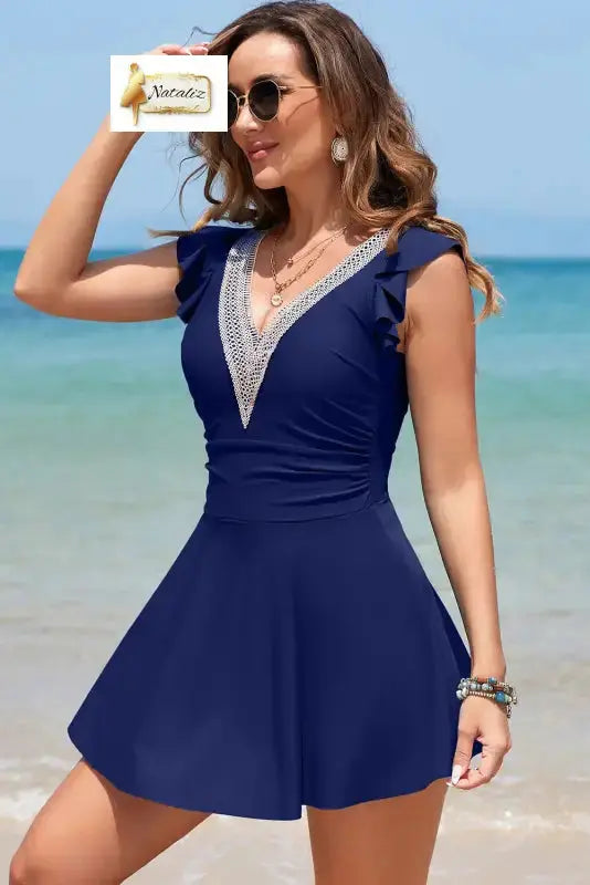 Navy Blue Ruffled Short Sleeve Lace Trim V Neck One Piece Swim Dress Dear-Lover Dropshipping
