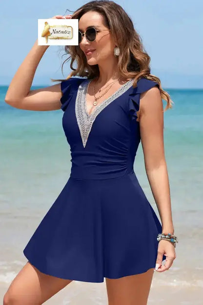Navy Blue Ruffled Short Sleeve Lace Trim V Neck One Piece Swim Dress Dear-Lover Dropshipping