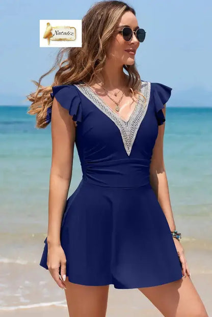 Navy Blue Ruffled Short Sleeve Lace Trim V Neck One Piece Swim Dress Dear-Lover Dropshipping