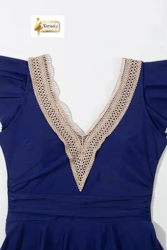 Navy Blue Ruffled Short Sleeve Lace Trim V Neck One Piece Swim Dress Nataliz