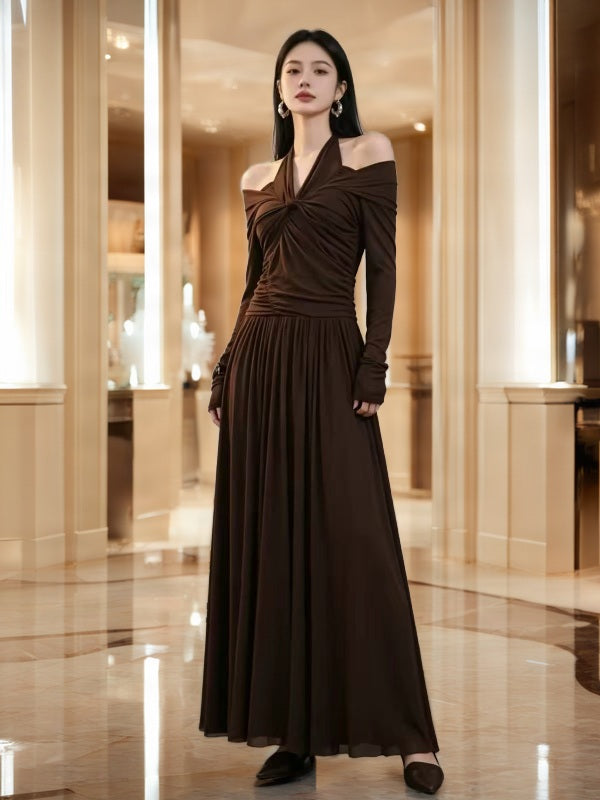 Cold Shoulder Halter Maxi Dress in Chocolate Brown model front view · nz-bg-v1