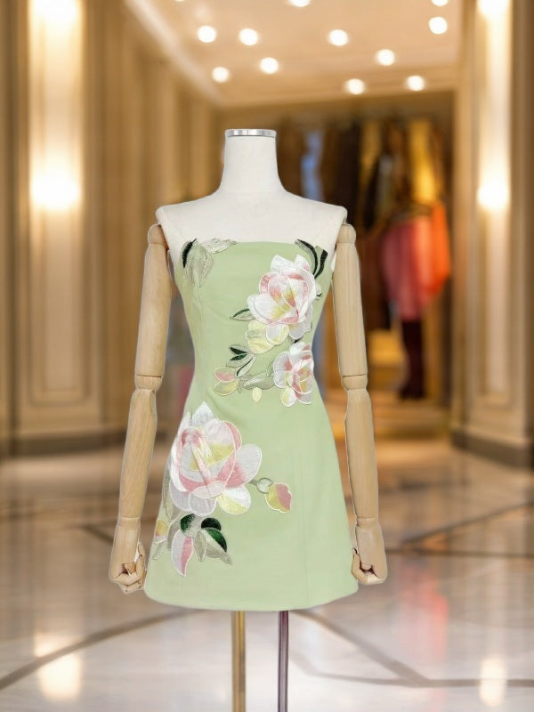 Strapless Mini Dress with Floral Appliqué in Soft Lime mannequin view · nz-bg-v1