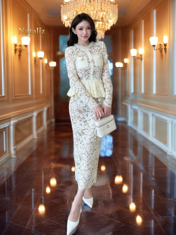 Ivory Lace Peplum Top and Maxi Skirt Set model front view