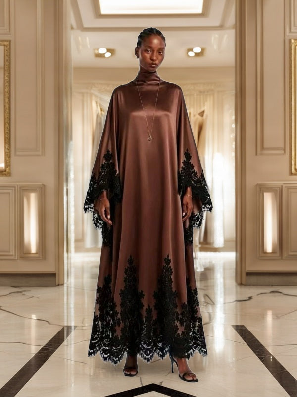Lace-Trim Satin Maxi Kaftan Dress model front view · nz-bg-v1