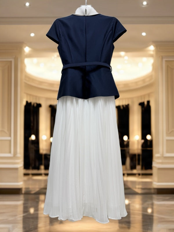 Navy Belted Top & White Pleated Maxi Skirt Set hanging view · nz-bg-v1