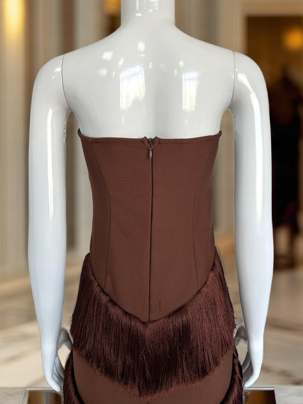 Strapless Fringe Tiered Midi Dress in Chocolate mannequin view · nz-bg-v1